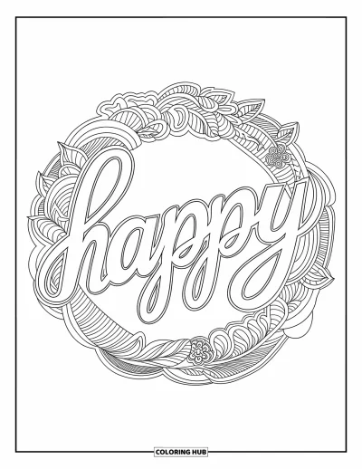 Coloriage de bonheur pour adultes : "Happy" est écrit en cursive dans une couronne de volutes, de fleurs et de motifs feuillagés