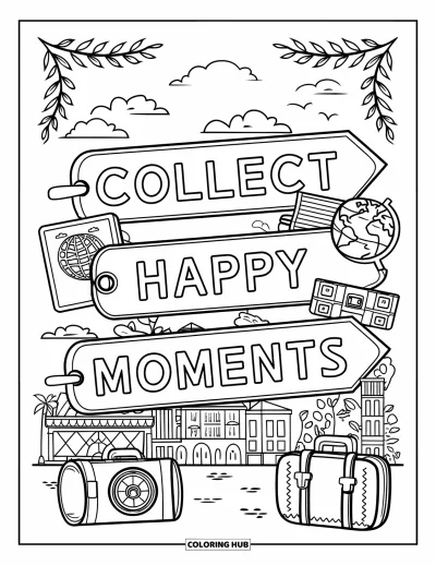 Coloriage de bonheur pour adultes : Des étiquettes de valise avec "Collect Happy Moments" sont entourées d'objets de voyage et de bordures végétales
