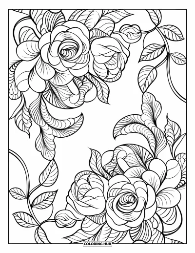 Coloriage de bonheur pour adultes : Des roses, des lianes et des feuilles en spirale forment un mandala floral équilibré et apaisant