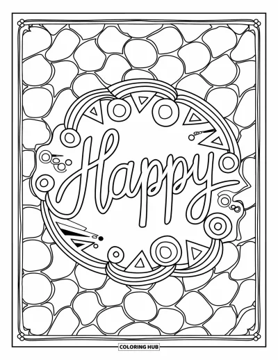 Coloriage de bonheur pour adultes : Le mot "Happy" apparaît dans une couronne de formes et de volutes avec une bordure ornementale
