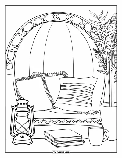 Coloriage de bonheur pour adultes : Des coussins, des livres et une lanterne rendent ce coin lecture particulièrement invitant