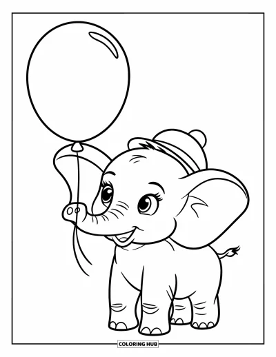 Coloriage de bonheur pour enfants : Un éléphanteau en chapeau tient un ballon avec sa trompe, prêt pour la fête