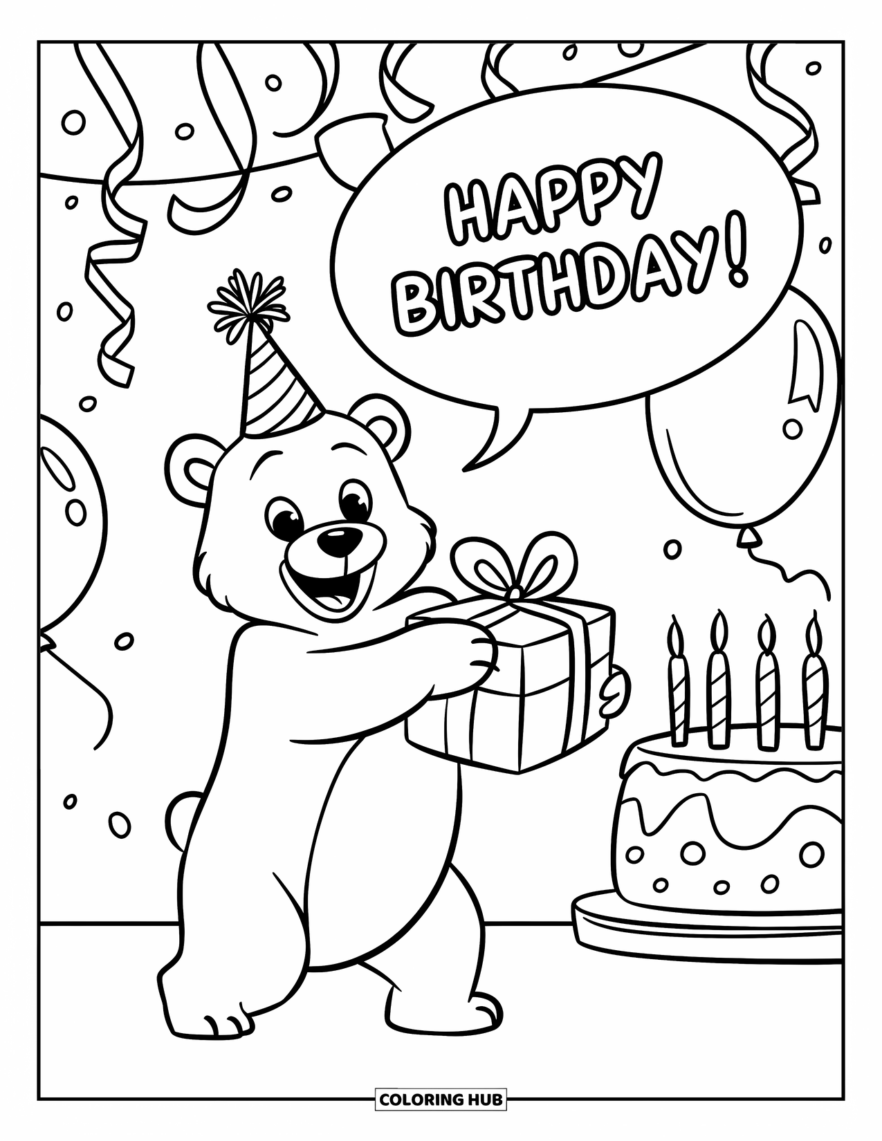 Happy Coloring Page for Kids: A bear holds a birthday gift with balloons, streamers, and cake all around