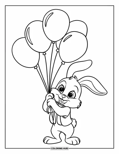 Coloriage de bonheur pour enfants : Un lapin en gilet tient des ballons colorés avec de grands yeux et un air sympathique