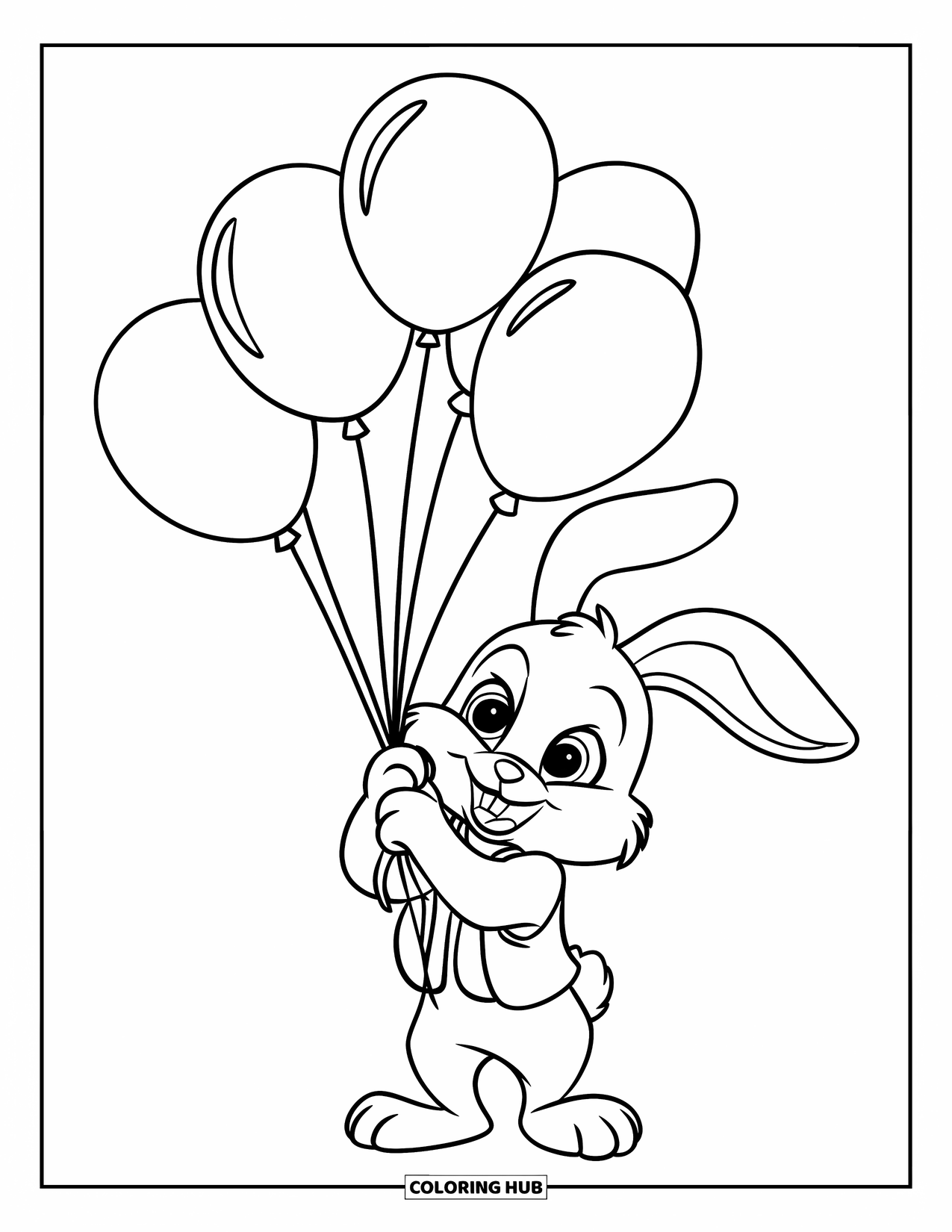 Happy Coloring Page for Kids: A bunny in a vest holds shaped balloons with big eyes and a friendly look