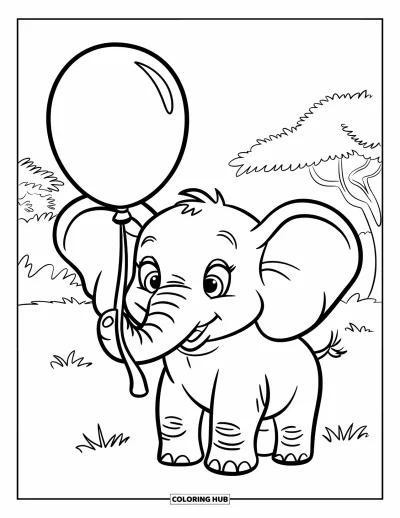 Coloriage de bonheur pour enfants : Un joyeux éléphanteau soulève un ballon avec sa trompe près d'arbres en arrière-plan