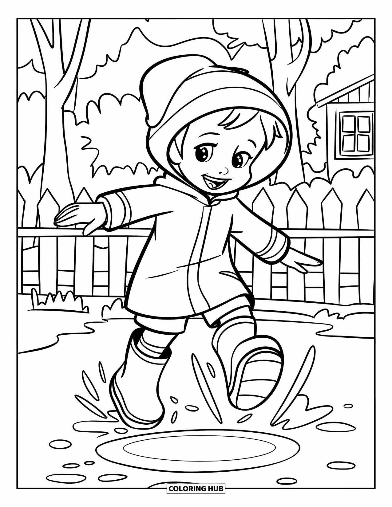 Happy Coloring Page for Kids: A cheerful child splashes in a puddle with boots, trees, and a cozy home nearby