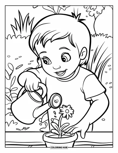 Coloriage de bonheur pour enfants : Un enfant joyeux arrose des fleurs en pot, entouré d'un jardin animé