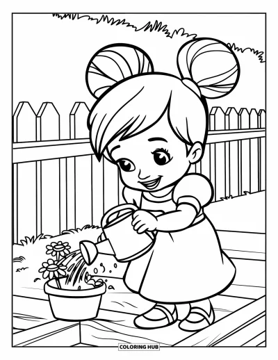 Coloriage de bonheur pour enfants : Un enfant joyeux arrose des fleurs sur une petite terrasse près d'une clôture de jardin