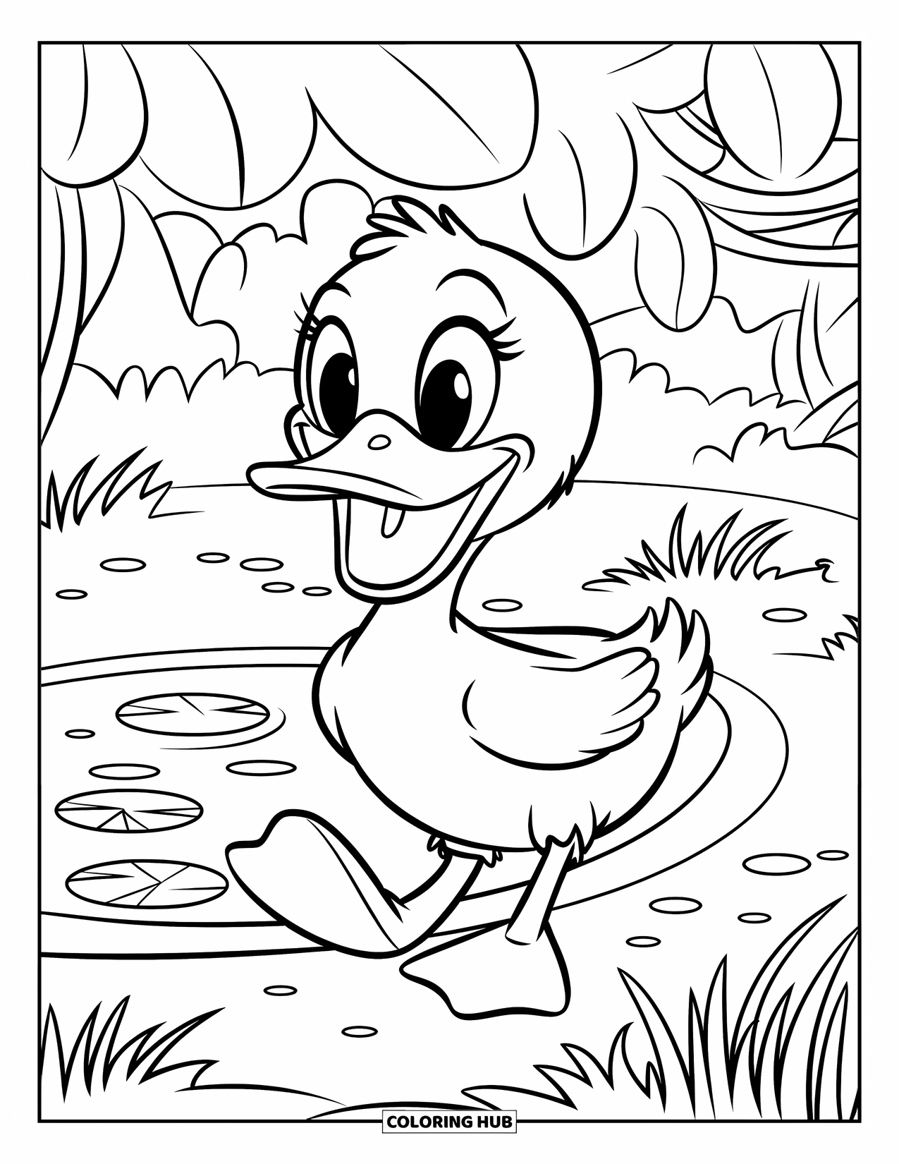 Happy Coloring Page for Kids: A cheerful duck walks beside a pond surrounded by trees and floating lilies