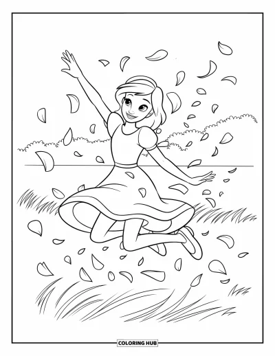 Coloriage de bonheur pour enfants : Une fillette joyeuse bondit parmi des pétales, les bras levés, entourée de fleurs