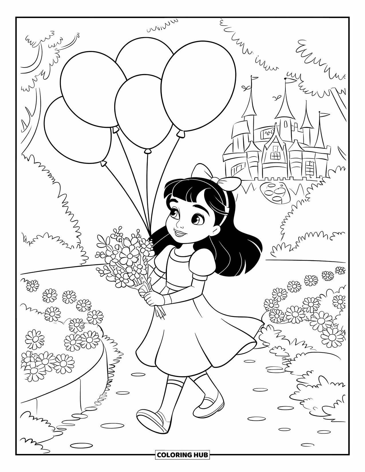 Happy Coloring Page for Kids: A cheerful girl with balloons and flowers walks near a garden path and castle