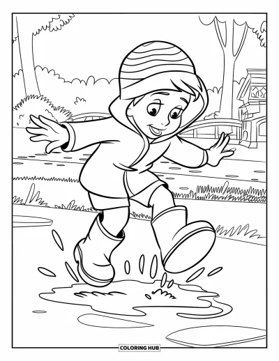 Coloriage de bonheur pour enfants : Un enfant saute dans une flaque en bottes avec des arbres et un petit pont derrière lui