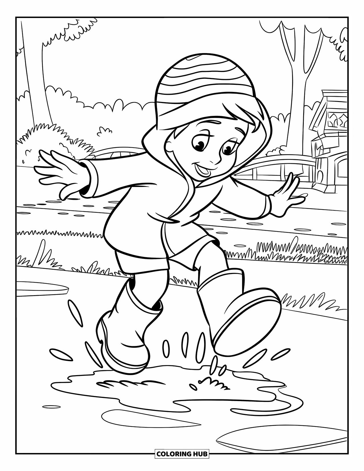 Happy Coloring Page for Kids: A child leaps into a puddle in boots with trees and a small bridge behind