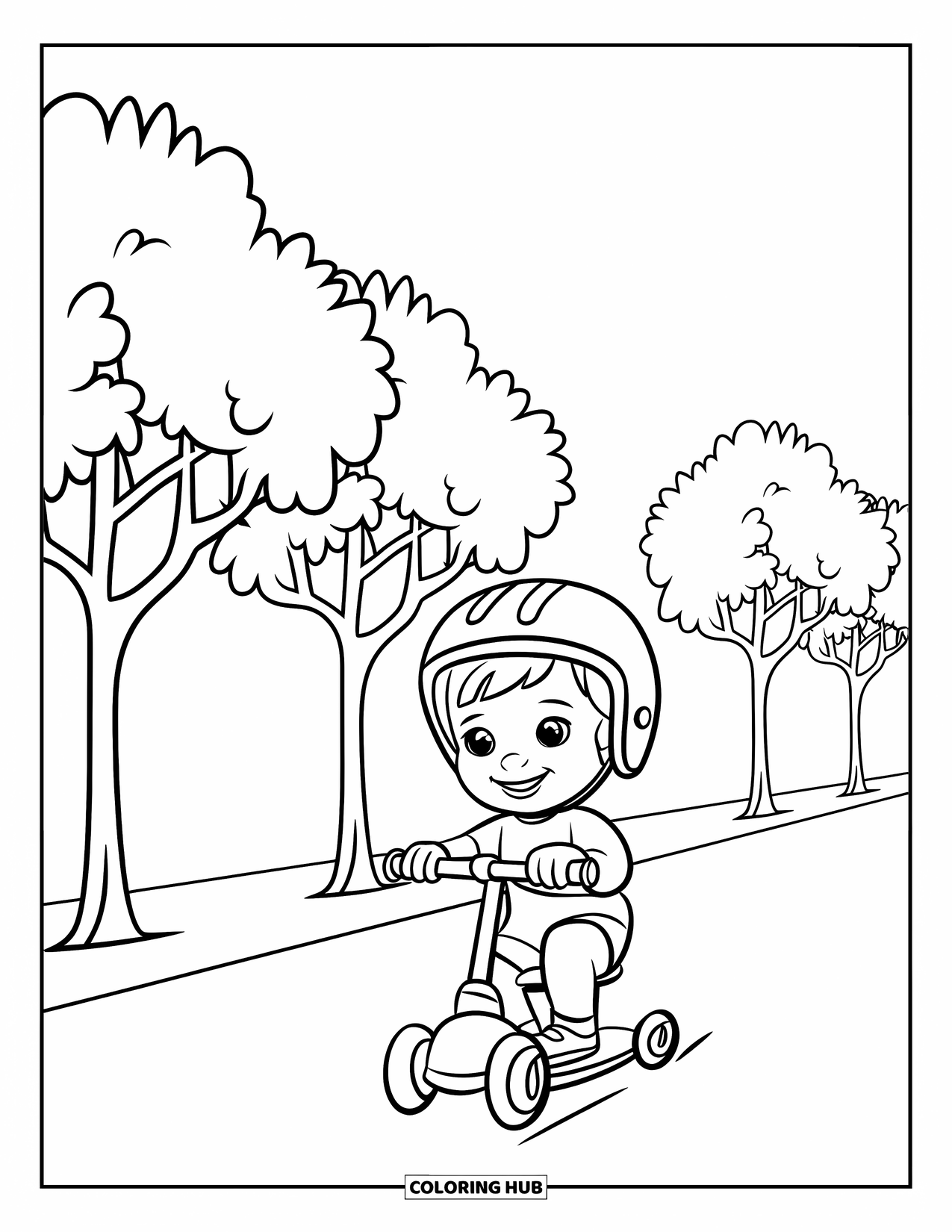 Happy Coloring Page for Kids: A child with a helmet rides a scooter with a front basket between rows of trees