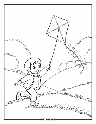 Coloriage de bonheur pour enfants : Un enfant aux cheveux sombres court en haut d'une colline en faisant voler un cerf-volant dans le vent