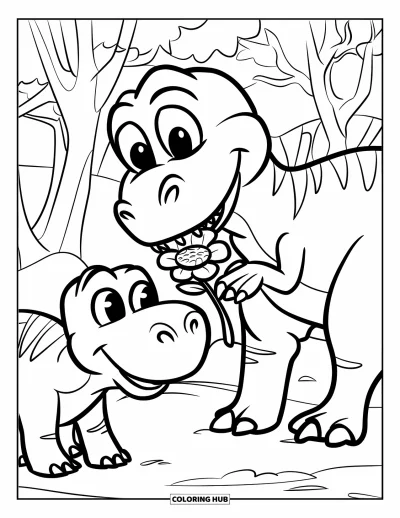 Coloriage de bonheur pour enfants : Un dinosaure avec une fleur dans la bouche surprend un ami près de quelques arbres