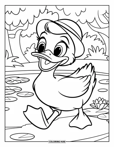 Coloriage de bonheur pour enfants : Un canard en chapeau aux grands yeux se promène près d'un étang fleuri sous des arbres feuillus