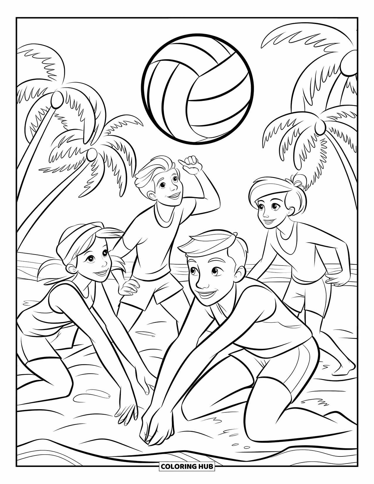 Happy Coloring Page for Kids: A group of teens hits a volleyball with palm trees swaying behind them