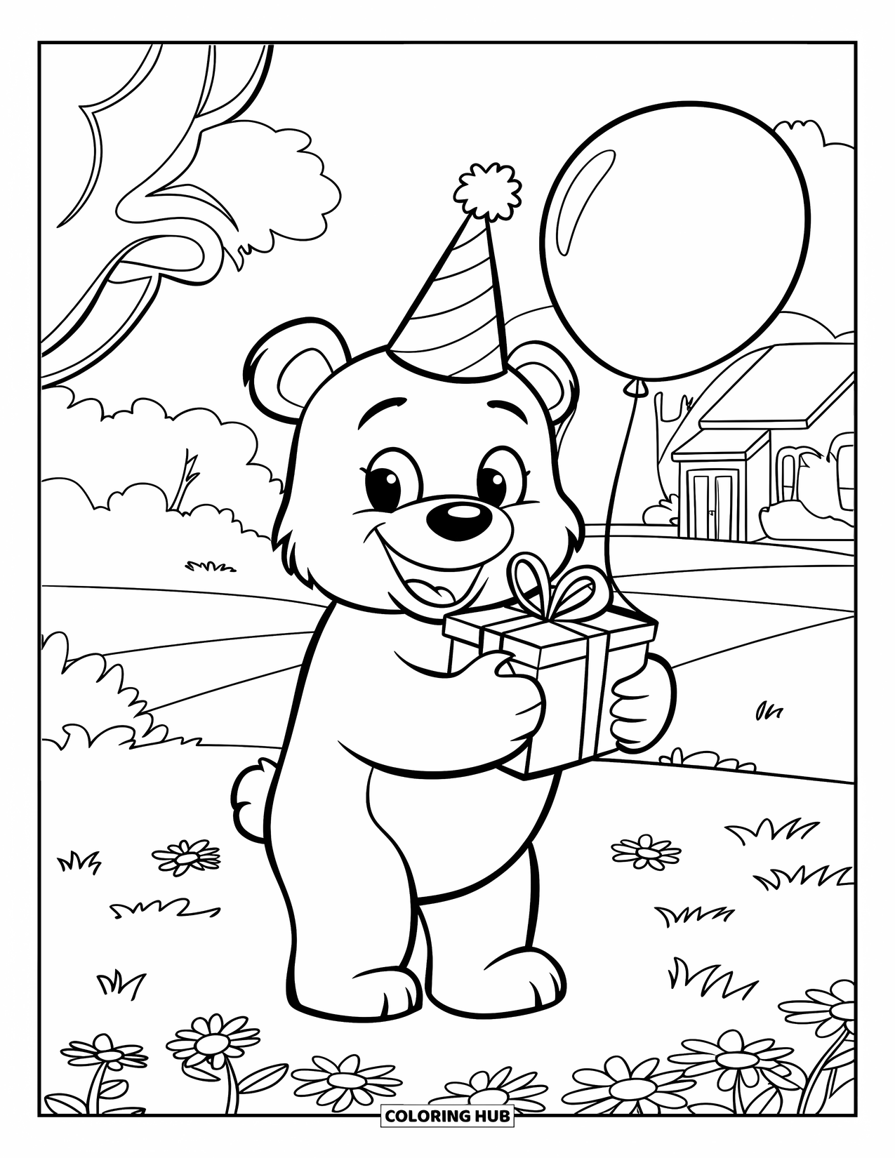 Happy Coloring Page for Kids: A happy bear in a party hat holds a gift among flowers and balloons