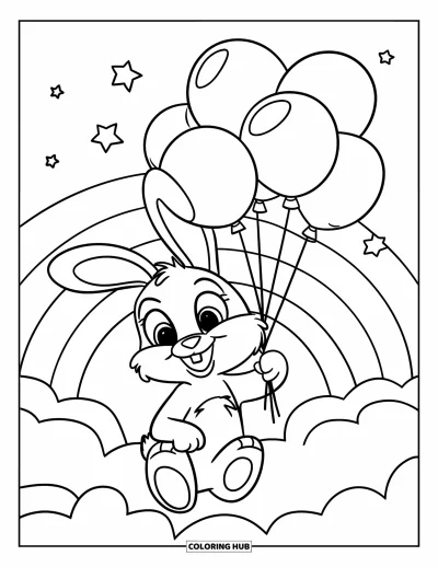 Coloriage de bonheur pour enfants : Un lapin joyeux assis sur un nuage tient des ballons avec des étoiles et un arc-en-ciel au-dessus