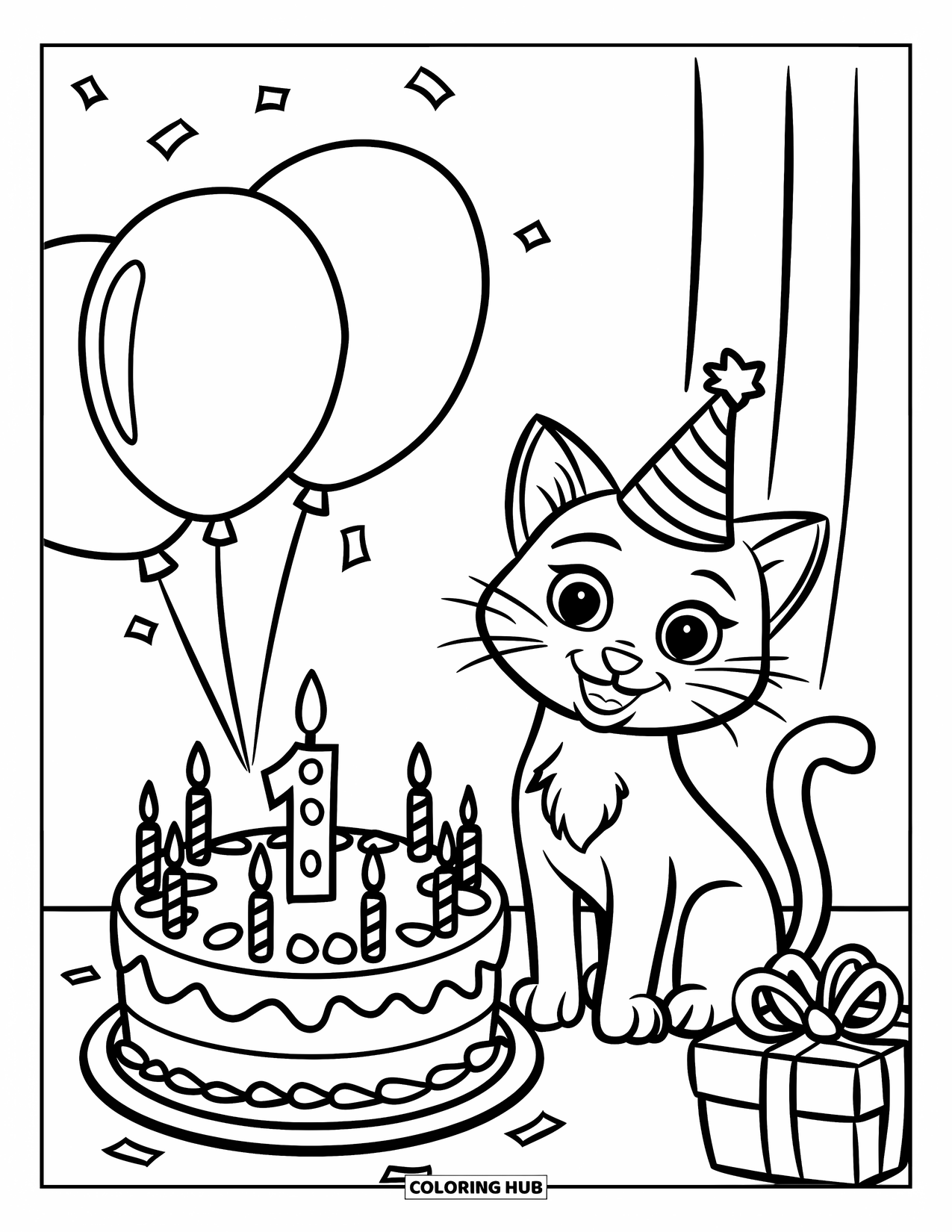 Happy Coloring Page for Kids: A happy cat in a party hat sits beside a cake with balloons and a gift nearby
