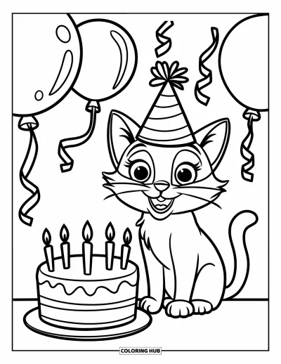 Coloriage de bonheur pour enfants : Un chat heureux aux grands yeux porte un chapeau de fête près d'un gâteau d'anniversaire et de ballons