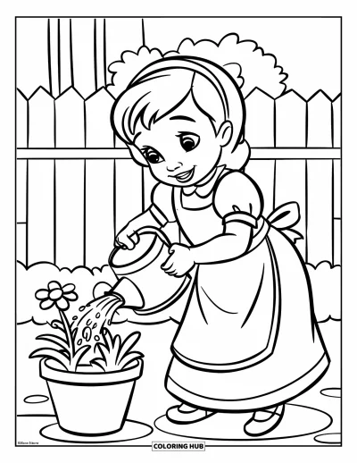 Coloriage de bonheur pour enfants : Un enfant heureux avec un arrosoir s'occupe de fleurs près d'une clôture de jardin