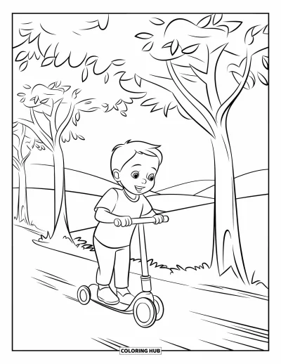 Coloriage de bonheur pour enfants : Un enfant joyeux file à toute allure sur une trottinette entre des arbres et sous un ciel ouvert