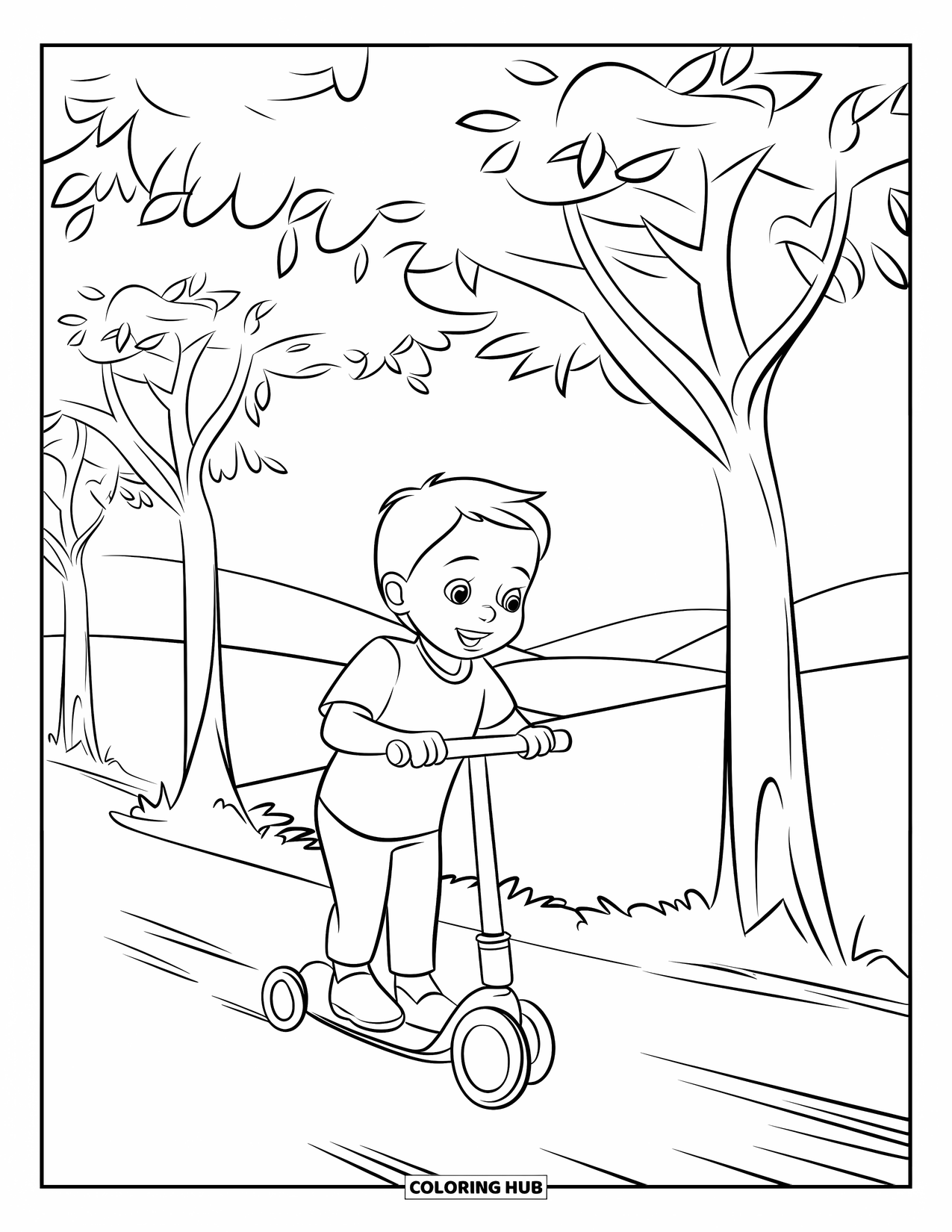 Happy Coloring Page for Kids: A happy child zooms past trees on a scooter through rolling hills and open sky