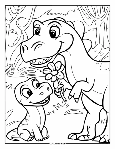 Coloriage de bonheur pour enfants : Un dinosaure joyeux tient une fleur dans la bouche face à un ami dino surpris