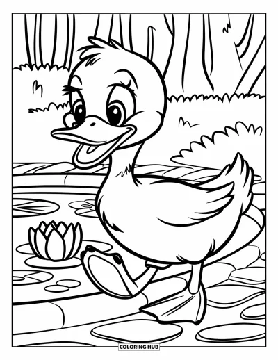 Coloriage de bonheur pour enfants : Un canard joyeux se balade près d'un étang avec des nénuphars et des arbres alentour
