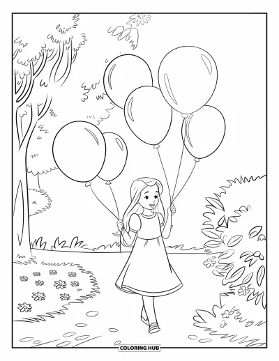 Coloriage de bonheur pour enfants : Une fillette souriante se promène sur un chemin de jardin avec des ballons et des arbres autour d'elle