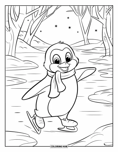 Coloriage de bonheur pour enfants : Un pingouin heureux glisse sur la glace entouré d'arbres aux branches nues d'hiver