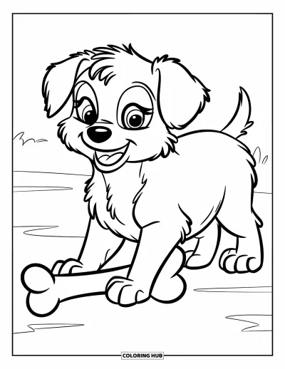 Coloriage de bonheur pour enfants : Un chiot heureux au pelage duveteux remue la queue à côté d'un grand os