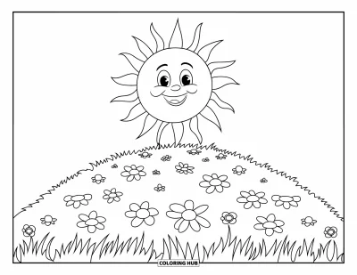 Coloriage de bonheur pour enfants : Un soleil rayonnant brille au-dessus d'une colline fleurie sous un ciel clair et serein