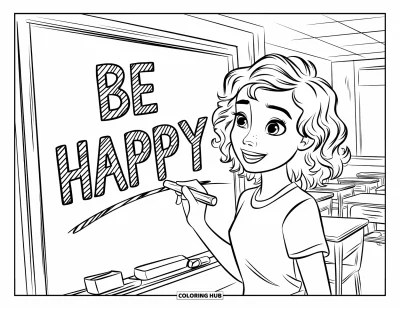 Coloriage de bonheur pour enfants : Un ado heureux écrit "Be Happy" sur un tableau noir dans une salle de classe gaie
