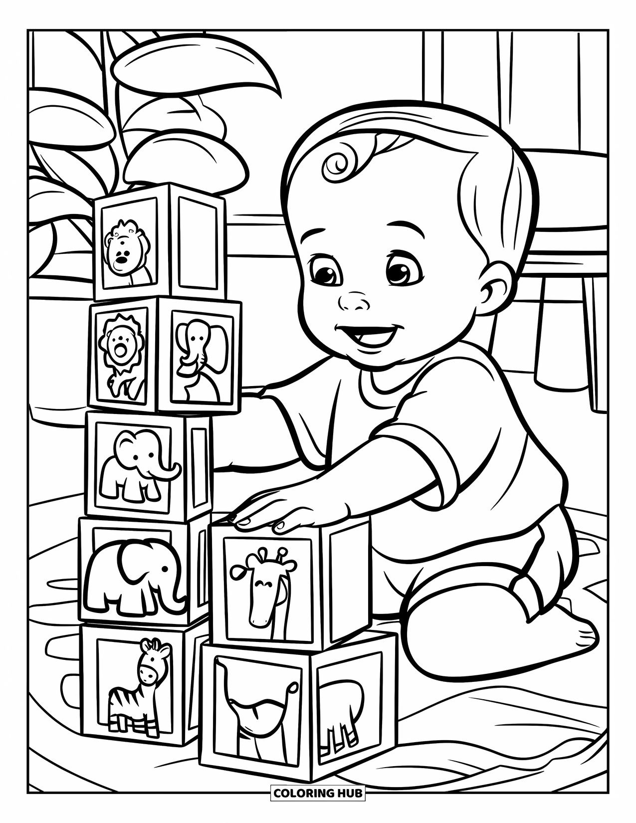 Happy Coloring Page for Kids: A happy toddler builds with animal-shaped blocks near a plant and table