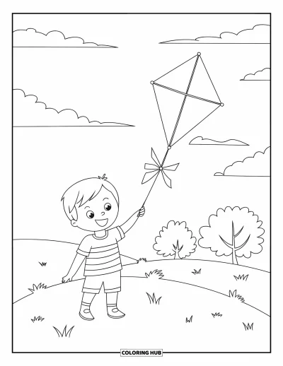 Coloriage de bonheur pour enfants : Un enfant joyeux fait voler un cerf-volant au sommet d'une colline venteuse avec des arbres et des nuages