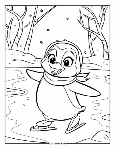 Coloriage de bonheur pour enfants : Un pingouin heureux glisse sur un étang gelé sous un ciel parsemé d'étoiles