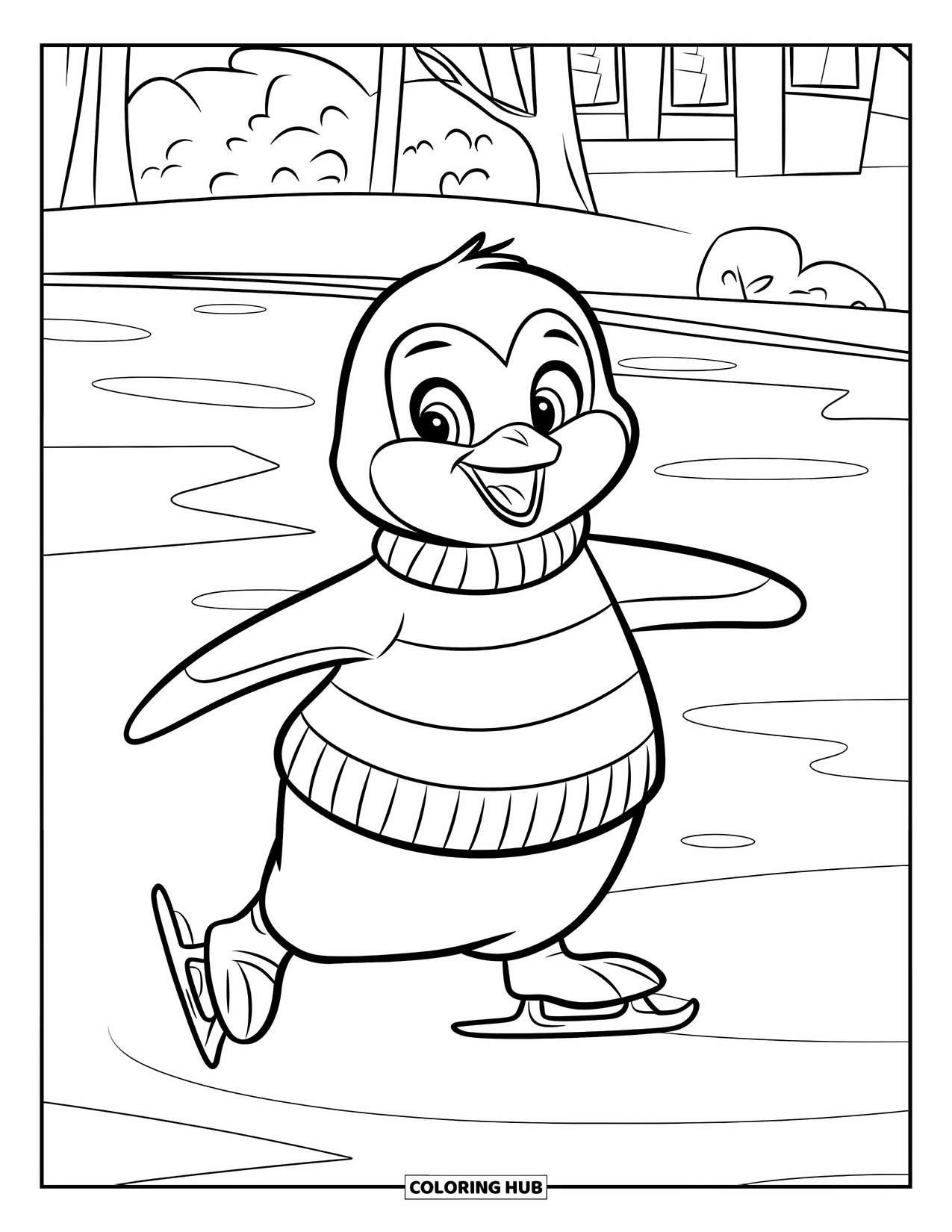 Happy Coloring Page for Kids: A joyful penguin skates on a pond near trees and a cozy winter building