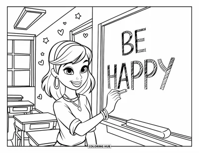 Coloriage de bonheur pour enfants : Un ado joyeux aux cheveux bouclés écrit "Be Happy" sur un tableau noir entouré d'étoiles