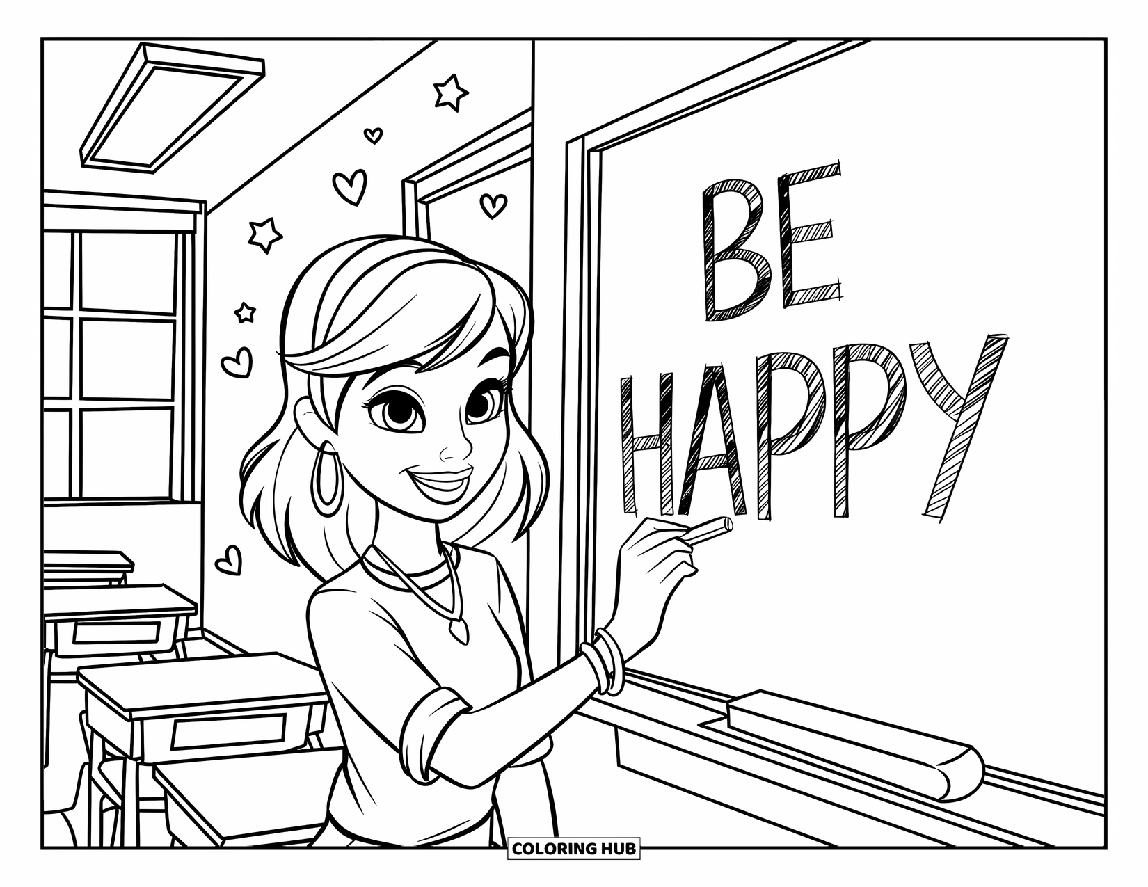 Happy Coloring Page for Kids: A joyful teen with curly hair writes "Be Happy" on a chalkboard surrounded by stars