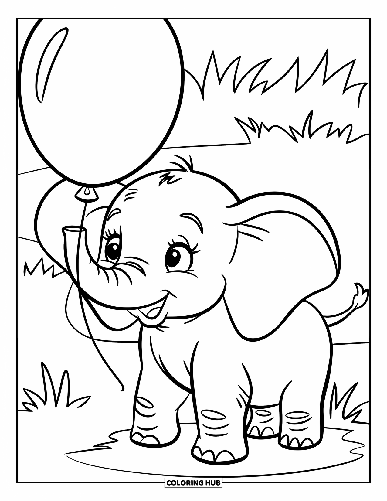 Happy Coloring Page for Kids: A playful baby elephant holds a balloon with its trunk on a grassy field