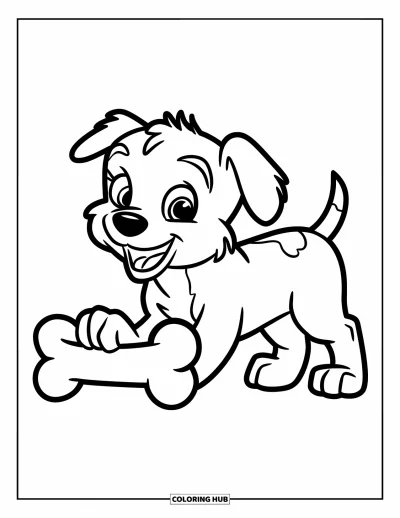 Coloriage de bonheur pour enfants : Un chiot espiègle remue la queue près d'un os avec une expression ravie