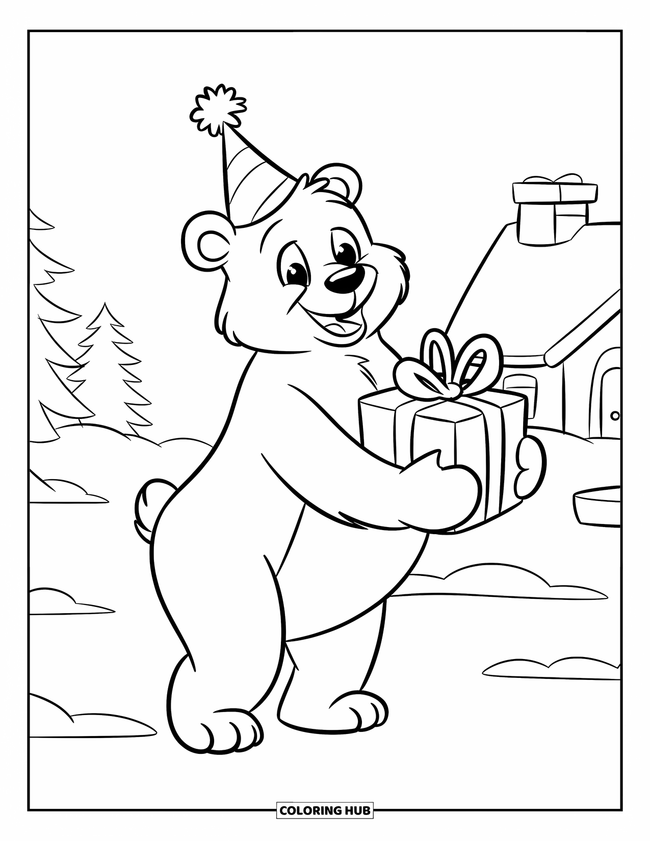 Happy Coloring Page for Kids: A smiling bear with a party hat stands near a house in a snowy setting