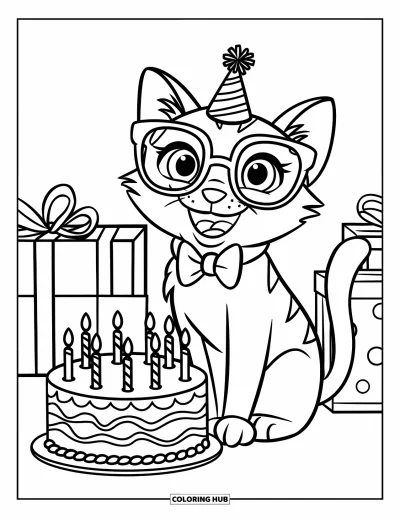 Coloriage de bonheur pour enfants : Un chat souriant avec des lunettes et un nœud papillon est assis près d'un gâteau et de cadeaux