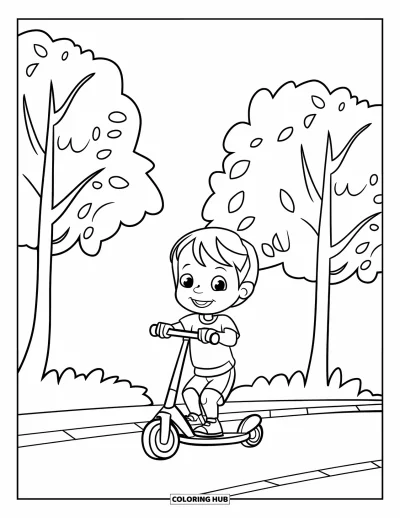 Coloriage de bonheur pour enfants : Un enfant souriant fait de la trottinette entre des arbres feuillus sur un chemin pavé