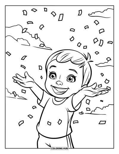 Coloriage de bonheur pour enfants : Un enfant souriant lance des confettis dans les airs avec des nuages qui flottent au-dessus