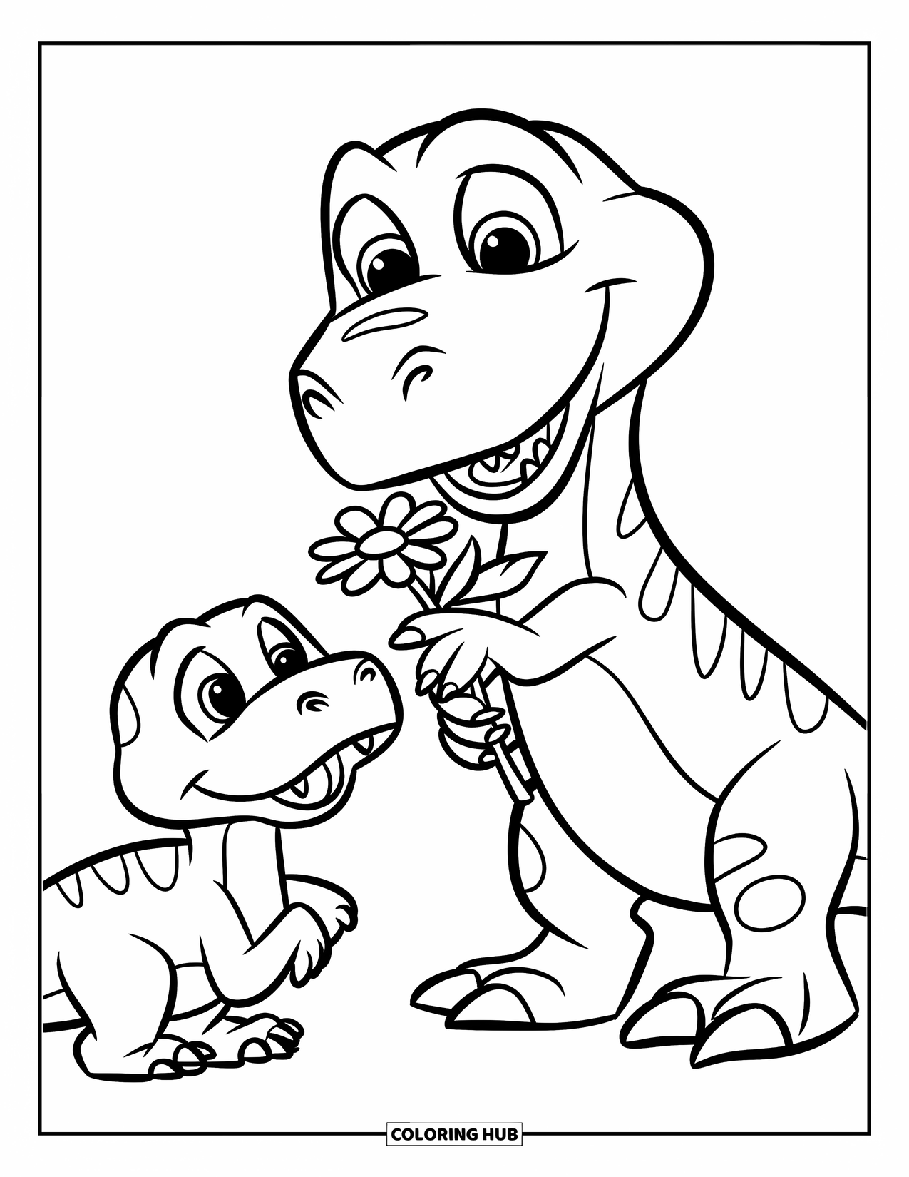 Happy Coloring Page for Kids: A smiling dinosaur offers a flower to a surprised friend in a quiet forest
